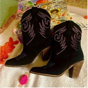 Jeffrey Campbell Black Heeled Boots with Pink Embroidery